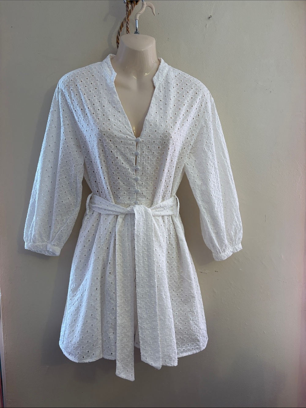 Zara White Eyelet Midi Dress with Tie Waist. Cotton